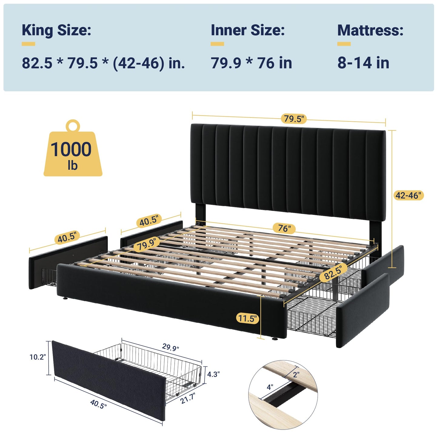 Allewie King Size Storage Bed Frame, Vertical Channel Tufted Adjustable Headboard, Velvet Upholstered Platform Bed with 4 Oversized Underbed Drawers, Wooden Slats Support, No Box Spring Needed, Black
