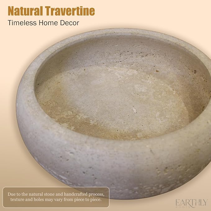Travertine Decorative Bowl, 7.5” Natural Stone Candy Bowl, Coffee Table Catchall Dish for Living Room, Candle, Key, Trinket Holder & Hand Crafted Home Decor