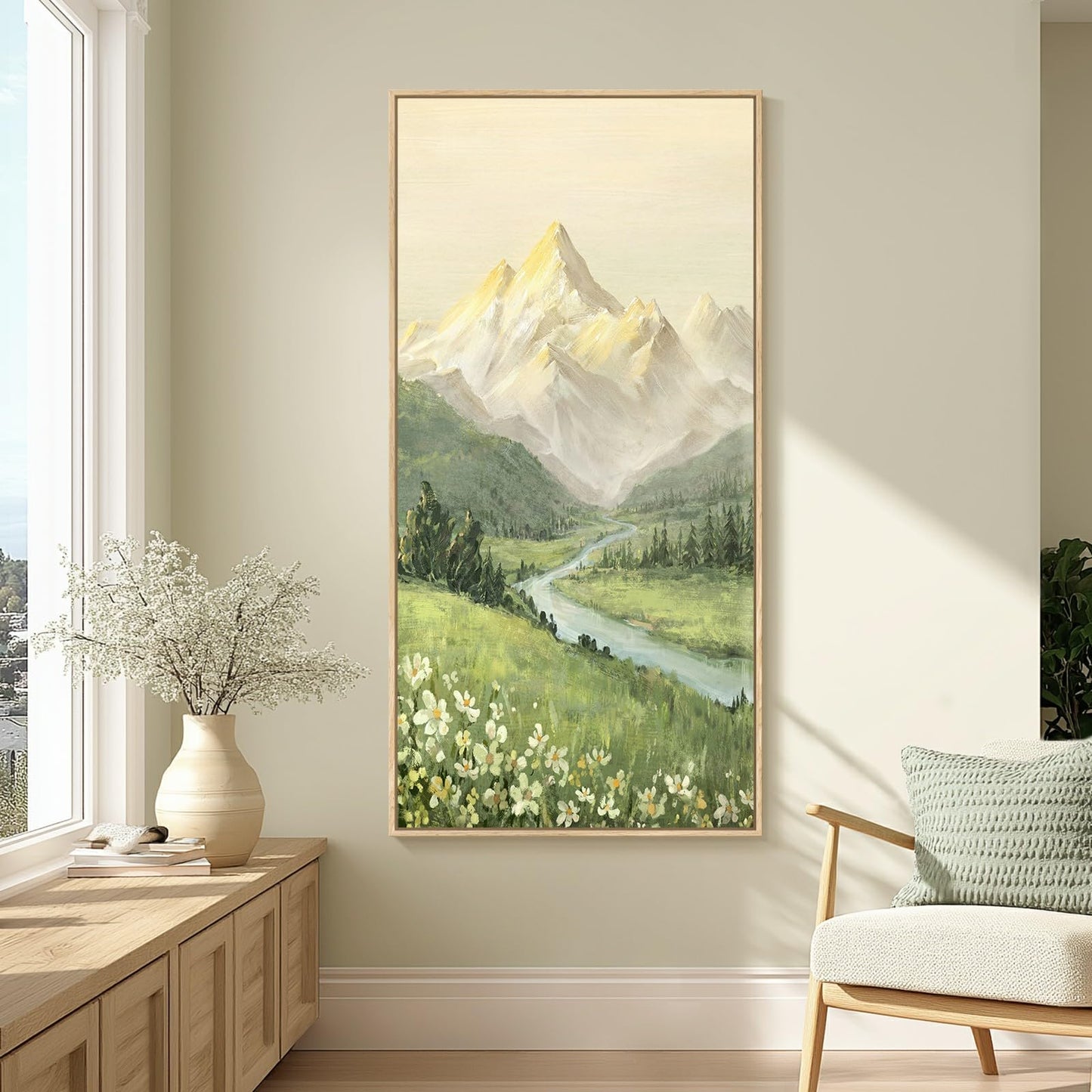 Framed Large Mountain Wall Art for Living Room, Vertical Green Forest Landscape Canvas Artwork for Walls, Nature Scenery Painting Print for Hallway Entryway Stair Home Office Wall Decor, 30x60 In
