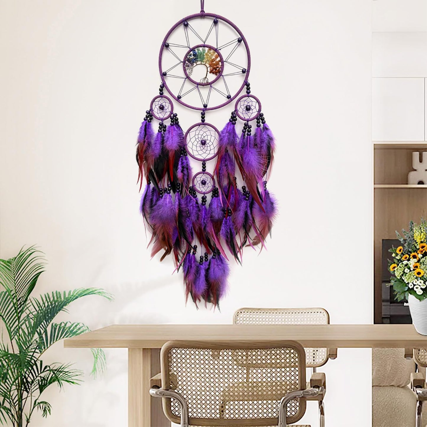 RAGKUU Purple Large Dream Catcher Wall Decor Crystal Tree of Life Dream Catchers Handmade Feather Dreamcatcher Wall Hanging Ornament for Bedroom Living Room Home Decor