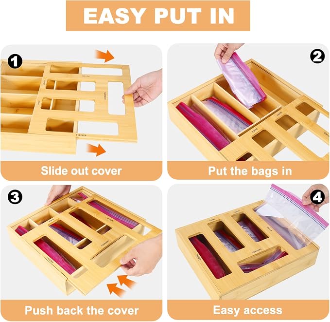 Bag Storage Organizer Compatible with Ziploc | Gallon, Quart, Sandwich & Snack Sized Slider Bags,Bamboo Organizer For Drawer,13.7"L*11.8H"*3.1W"