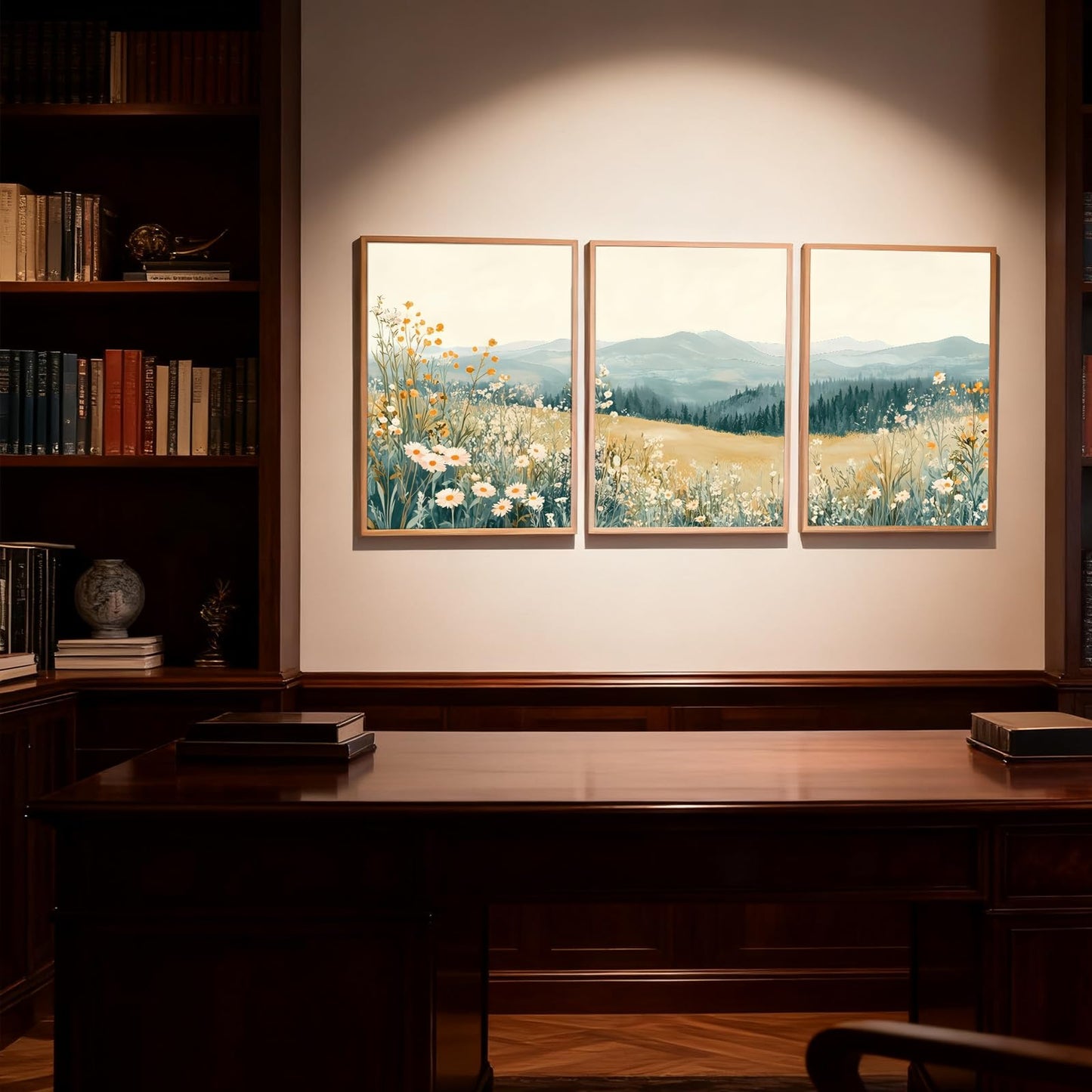 3 Pcs Framed Mountain Wildflower Wall Art Triptych Natural Landscape Canvas Prints Large Farmhouse Daisy Poster Botanical Picture Painting for Living Room Bedroom Decor 12x16IN
