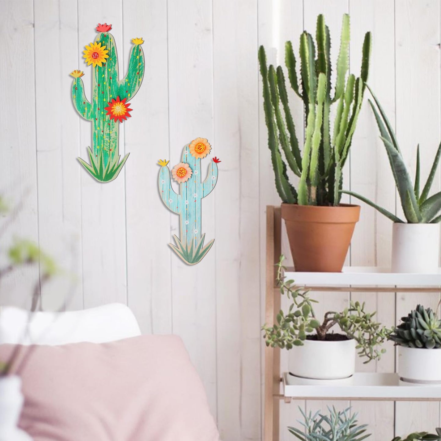 KOYILTD 2 Pcs Cactus Wall Art Wooden Southwestern Decor Western Bathroom Decoration Vivid Cactus Wall Decor for Home Bathroom Bedroom Livingroom Nursery (Vivid, Medium)