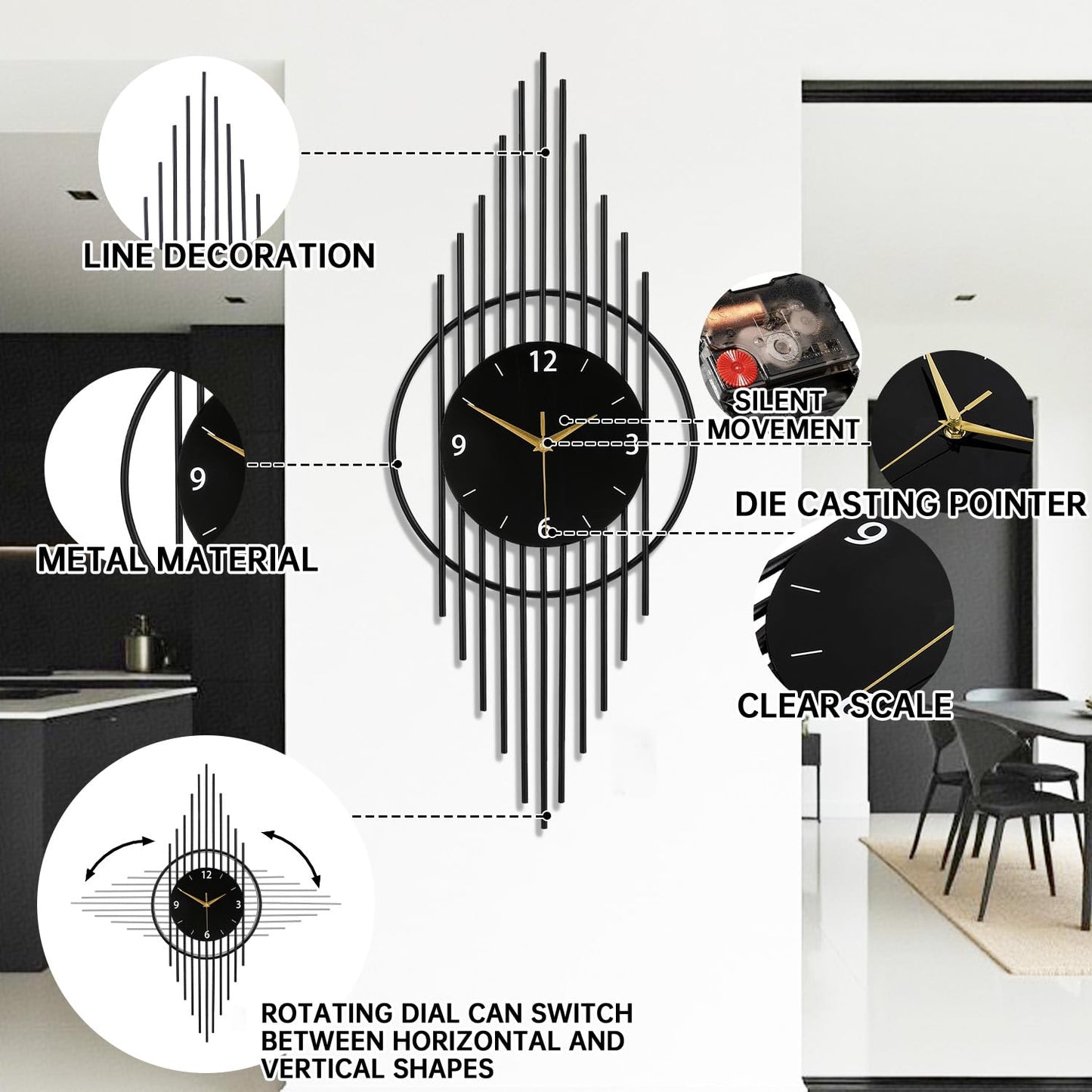 Wall Clock,Decorative Wall Clocks with Silent Quality Quartz Clock Battery Operated,Large Wall Clock for Living Room,Kitchen,Home,Bathroom,Bedroom Wall Decor,11.8x29.5inch,Black
