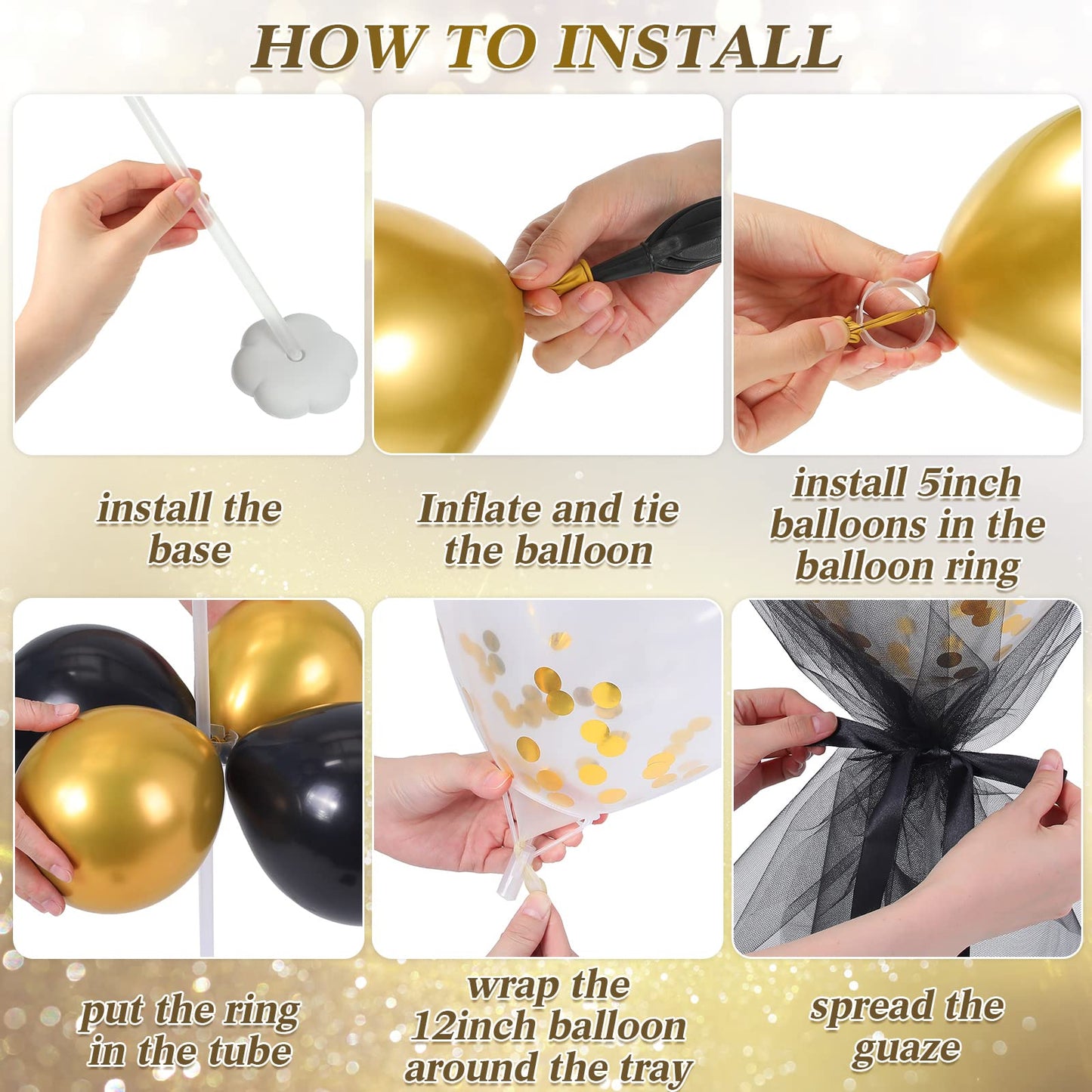BBTO 8 Set Gold Black Table Centerpieces Balloons Stand Kit, Latex Balloons and Table Stand Holder with Base Tulle for Wedding Birthday Mother's Day Baby Shower Party