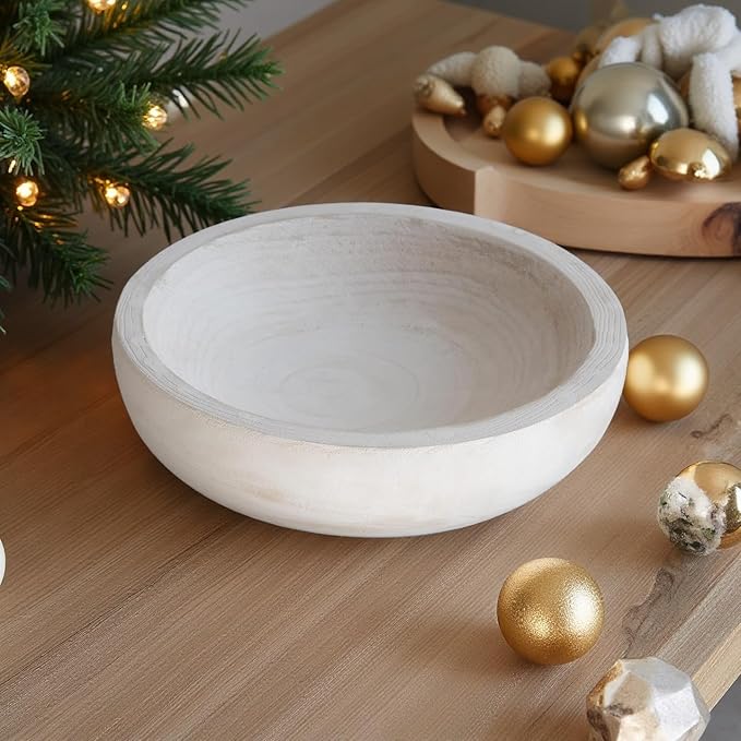 COLLECTIVE HOME - Paulownia Wood Hand Carved Tray, Fruit Snack Holder, Decorative Bowl, Rustic Home Decor Accessories for Coffee Table, Living Room, Wedding Centerpiece, 10" (washed white)