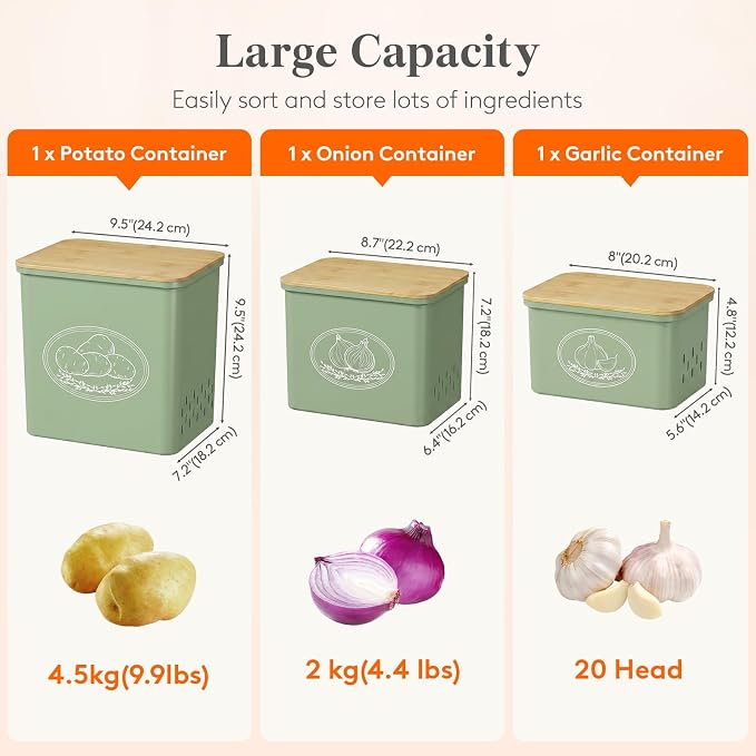 Lifewit Onion and Potato Storage Bin with Aerating Holes and Lid, Stackable Garlic Keeper, Plastic Vegetable Container Box for Kitchen, Green, Set of 3