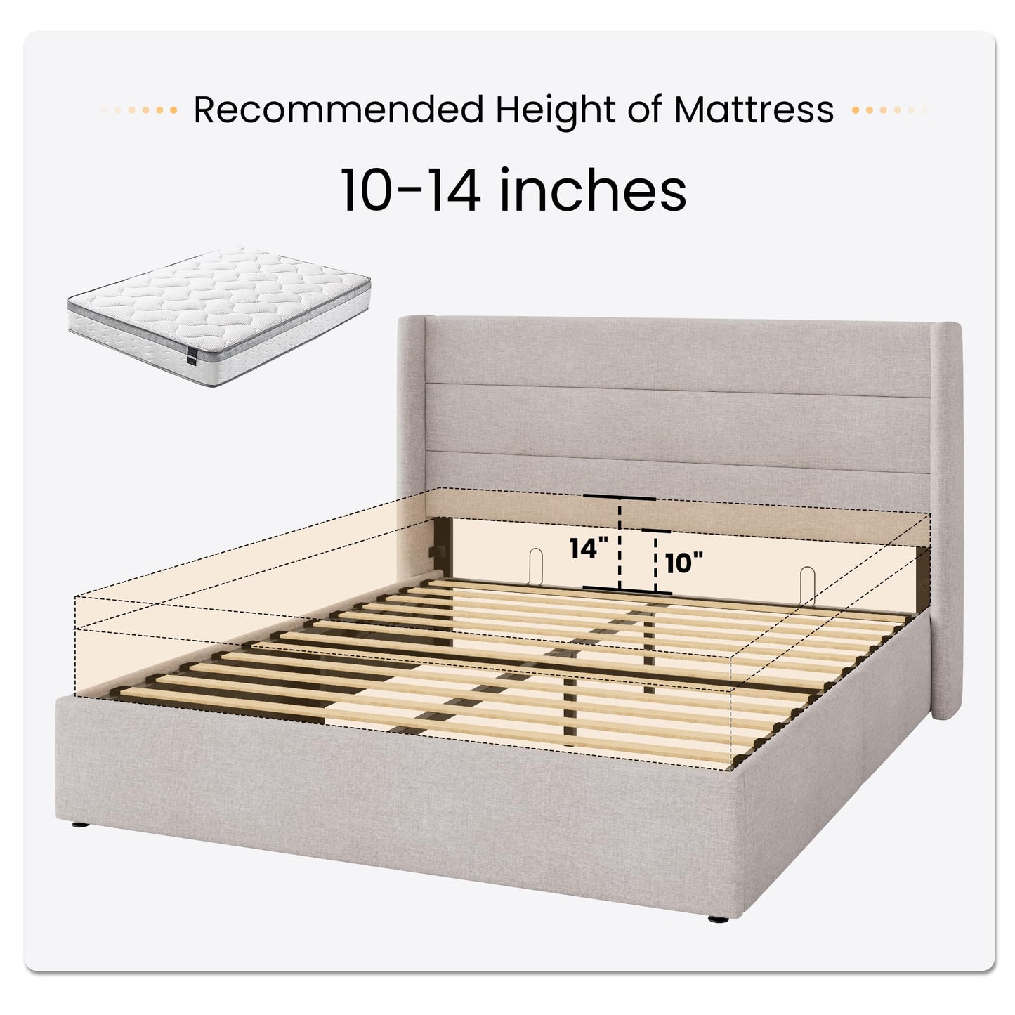 SHA CERLIN Queen Size Lift Up Storage Bed/Modern Wingback Headboard/Upholstered Platform Bed Frame/Hydraulic Storage/No Box Spring Needed/Wood Slats Support/Light Beige