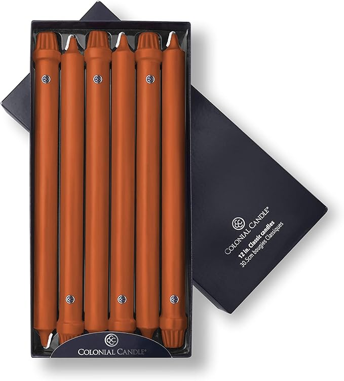 Colonial Candle Unscented Taper Candle, Classic Collection, Pumpkin, 12 in, Pack of 12 - Up to 10 Hours Burn