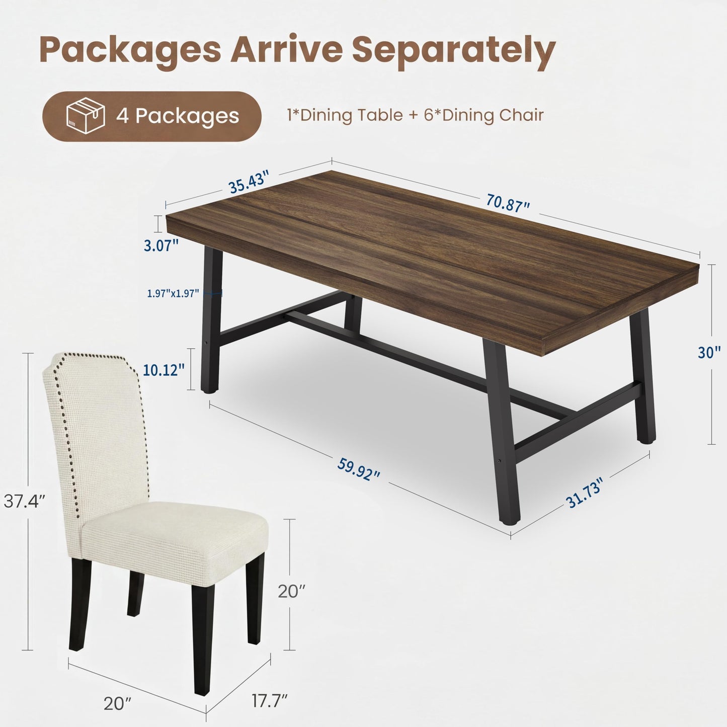 GarveeHome 7 Piece Dining Table Set for 6-8, 71" Heavy Duty Industrial Kitchen Table and 6 Padded High Back Chairs with Nailhead Trim, Modern Farmhouse Dining Room Furniture Sets, Rustic Brown