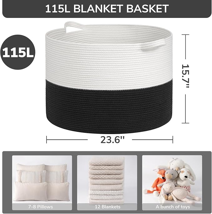 INDRESSME 115L Extra Large Cotton Rope Blanket Basket, Woven Storage for Living Room Toy Baskets Kids Baby Laundry Hamper for Dirty Clothes, Pillows, White & Black