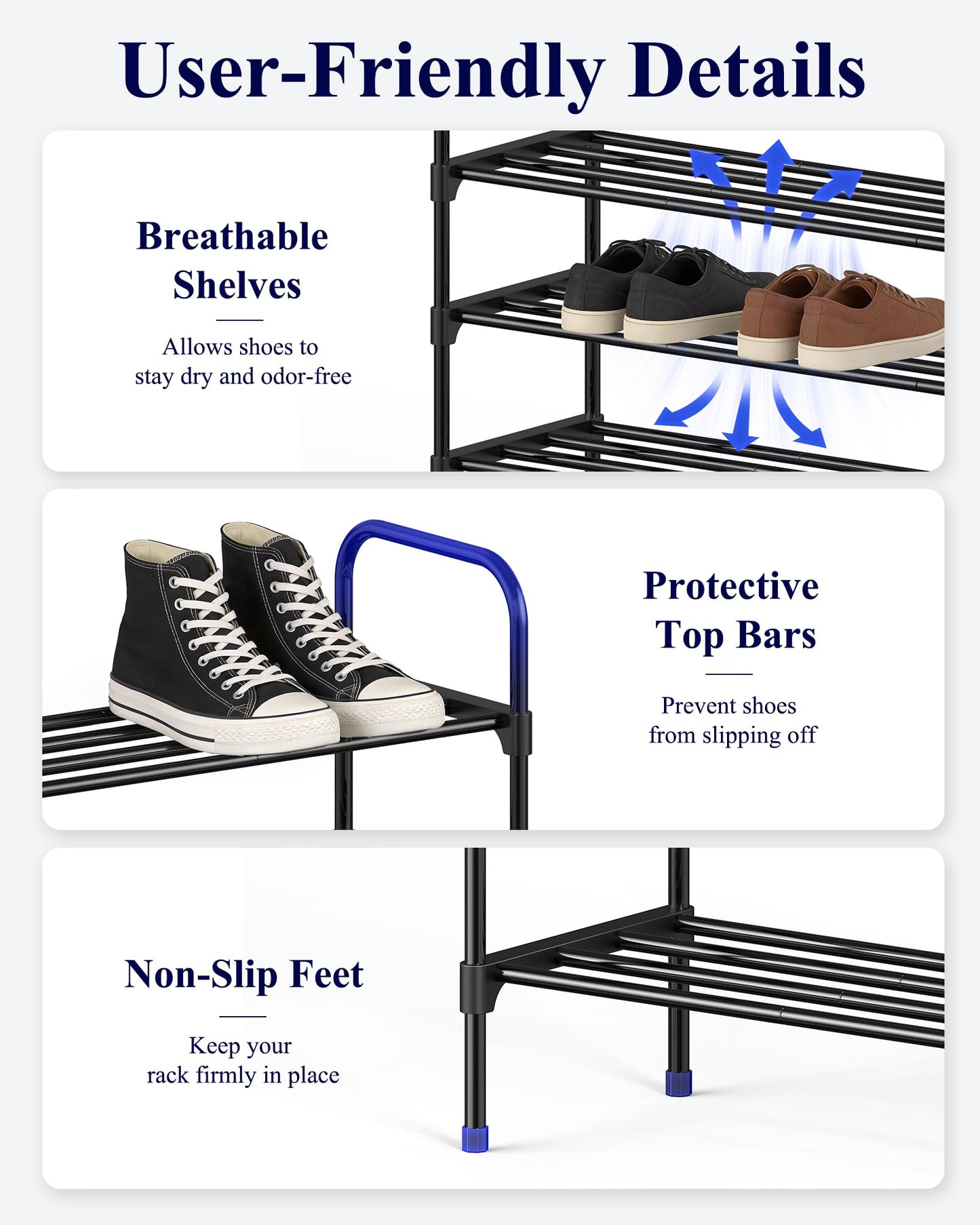 Kitsure Shoe Rack - 3-Tier Space-Saving Shoe Organizer & Shoe Shelf with Handle, Easy Assembly, Sturdy Metal Shoe Rack for Closet, Entryway, Bedroom, 28.0" x 11.8" x 25.6", Black