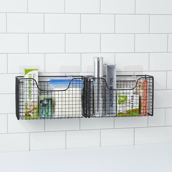 2 Pack Aluminum Foil Organizer, Foil and Plastic Wrap Organizer, Pantry Kitchen Cabinet Door Organizers, Self Adhesive Wall Mounted Storage Hanging Basket for Ziplock Bag, No-Drill, Mesh Metal