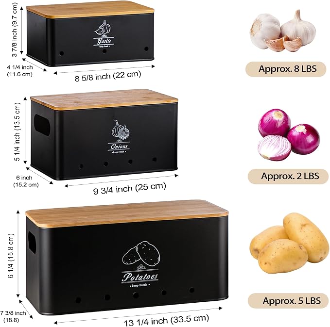 Potato Onion and Garlic Storage Bin Set of 3, Black Metal Kitchen Vegetable Canisters with Bamboo Lid and Aerating Holes, Stackable Kitchen Storage Tin for Countertop Pantry