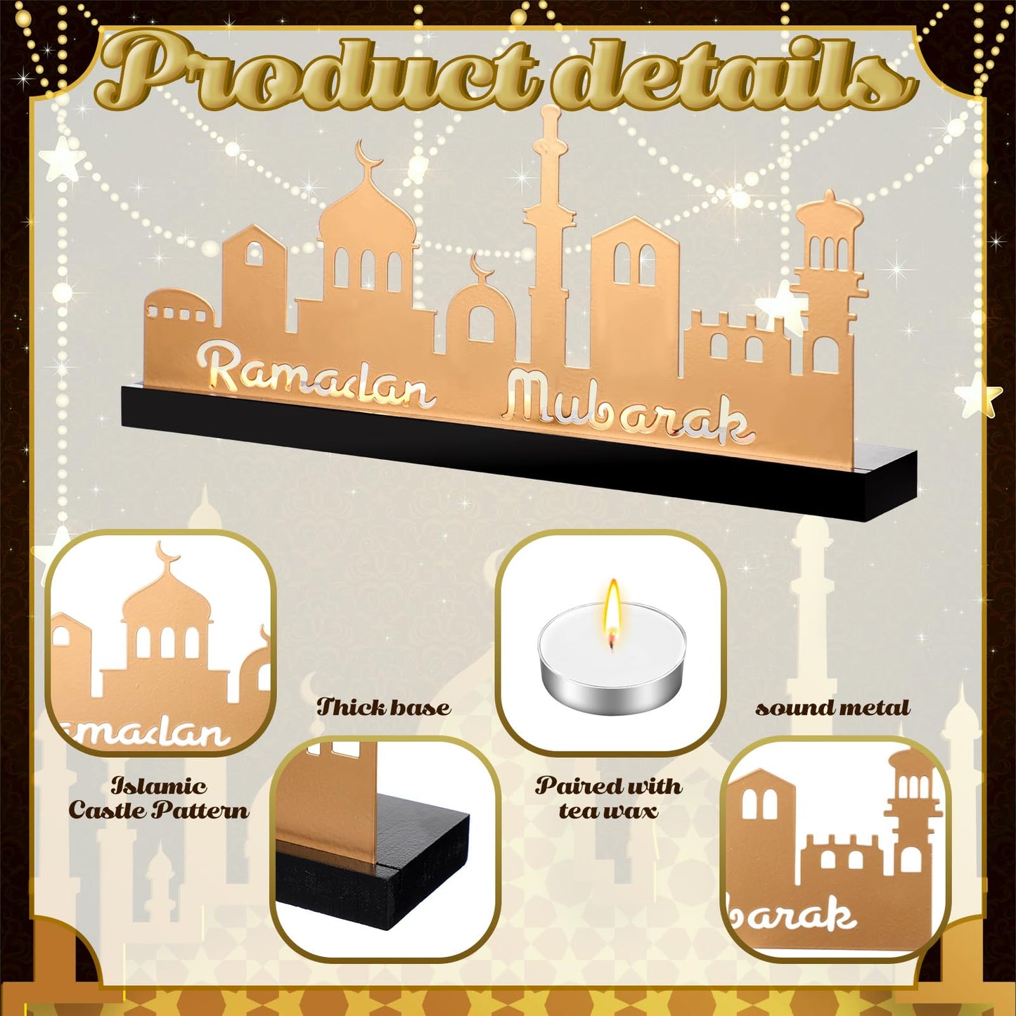 MorningRo Ramadan Mubarak Decorations Islamic Candle Holder with 5 Tea Candles Eid Mubarak Metal Sign with Wood Base Ramadan Kareem Table Centerpieces Eid Al Fitr Muslim Party Gifts