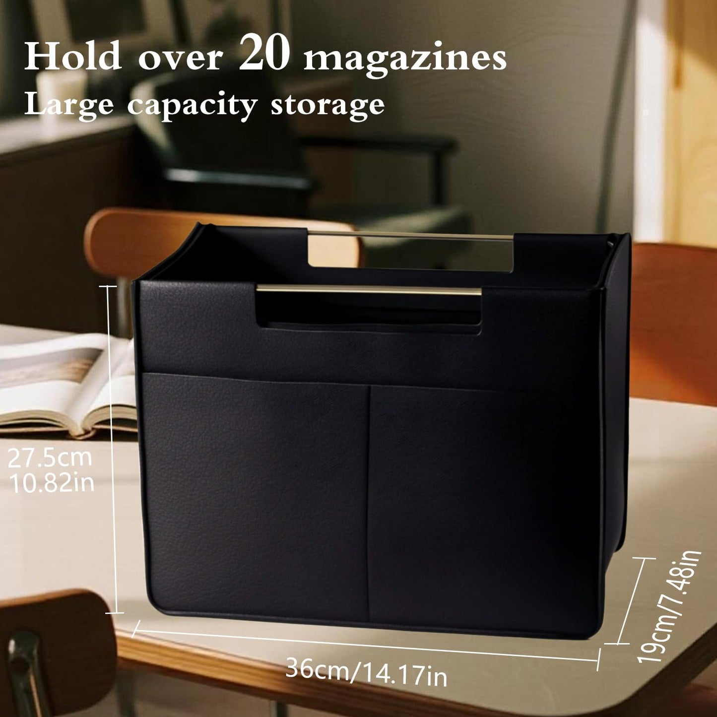Craftmastudio Leather Magazine Holder Foldable with Handles，Stable Magazine Rack Floor，Magazine Basket File Holder Storage，Document File Folder Organizer Free Standing for Office Living Room (black)