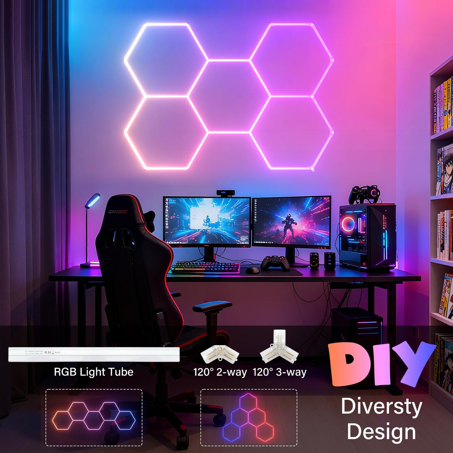 ALLYES Hexagon Garage Lights - RGB Hexagon Wall/Ceiling Lights with Music Sync Dimmable & Speed Adjustable Modes, App & Remote Control, Multi-Scene Honeycomb Light for Gaming Room, Bar, Party, Gym