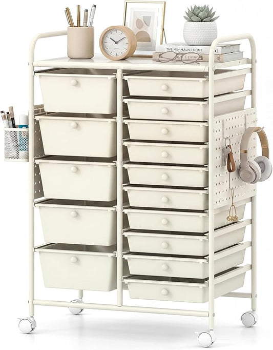 GOFLAME 15-Drawer Rolling Storage Cart with Pegboard, Craft Storage Cart with Lockable Wheels and Metal Frame, Art Cart Supply Storage Organizer for Home Office Classroom, White
