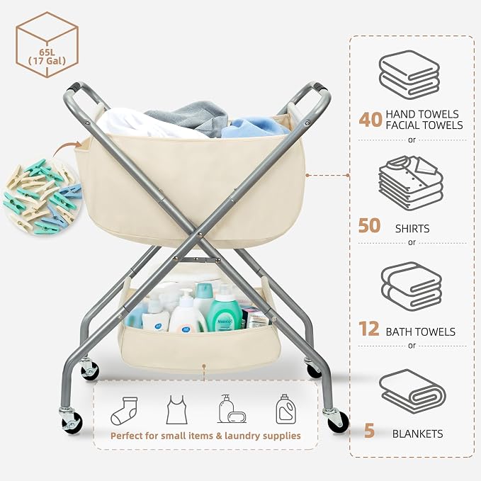STORAGE MANIAC Collapsible Laundry Cart with Wheels 31.5"H Rolling Laundry Hamper Clothes Basket with Wheels, Canvas Liner Sturdy Steel Frame Folding for Small Narrow Space Easy Storage, Beige
