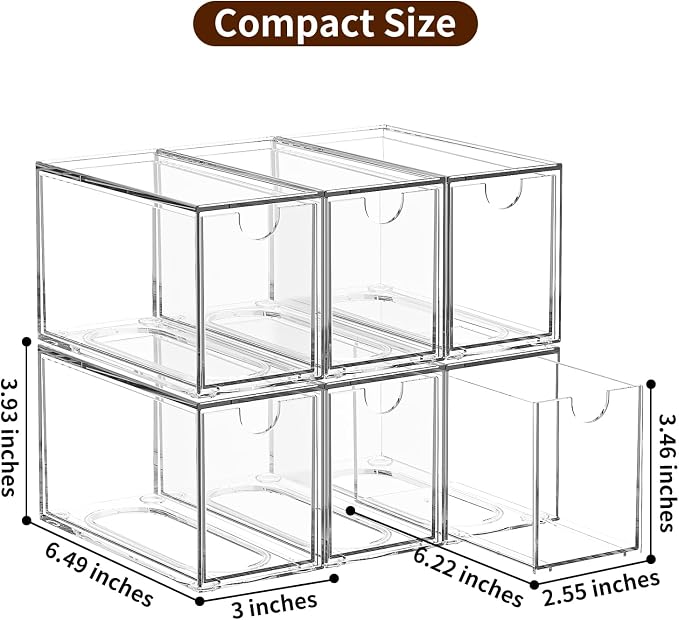 6 Pack Tea Bag Organizers, Clear Tea Packet Storage Bins for Pantry Countertop, Tea Station, Kitchen Cabinet, Stackable Teabag Holder Acrylic Drawer Organizer for Coffee Pods, Spice & Sugar Packets