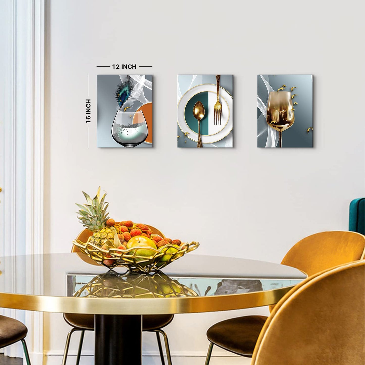 Dining Room Wall Art Set of 3 Teal Gold Wine Glass Wall Art Modern Abstract Wine Pictures Wall Decor Kitchen Tableware Canvas Wall Art Gray Gold Dining Room Wall Decor Kitchen Home Decoration 12x16"