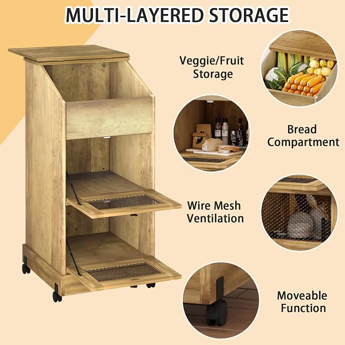Potato Storage Bin, Wooden Bread Bins with Wheel, Movable Onion Storage Bin, Decorative Vegetable Storage Box for Kitchen Pantry, Brown