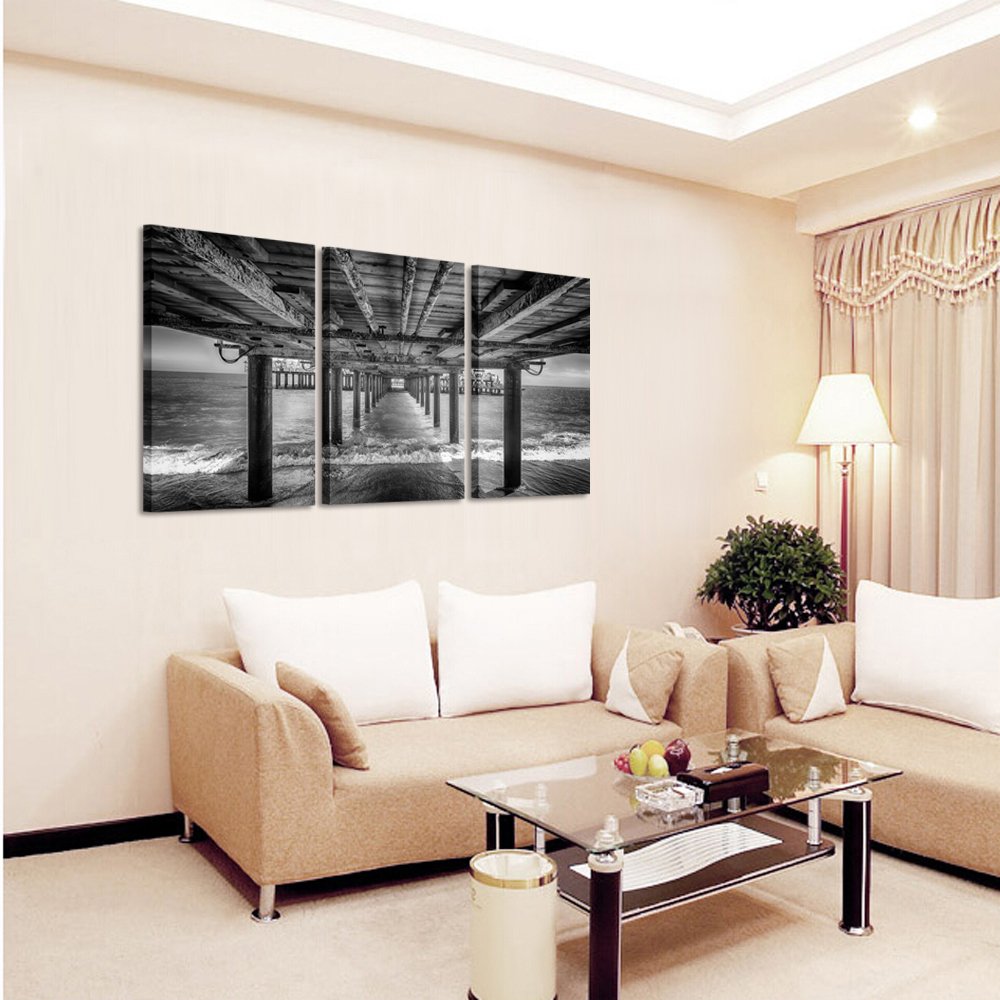 KREATIVE ARTS - UNDER THE PIER Premium Canvas Art Print Black and White Large Seascape Wall Art Deco Canvas Picture Stretched on Wooden Frame as Modern Gallery Artwork