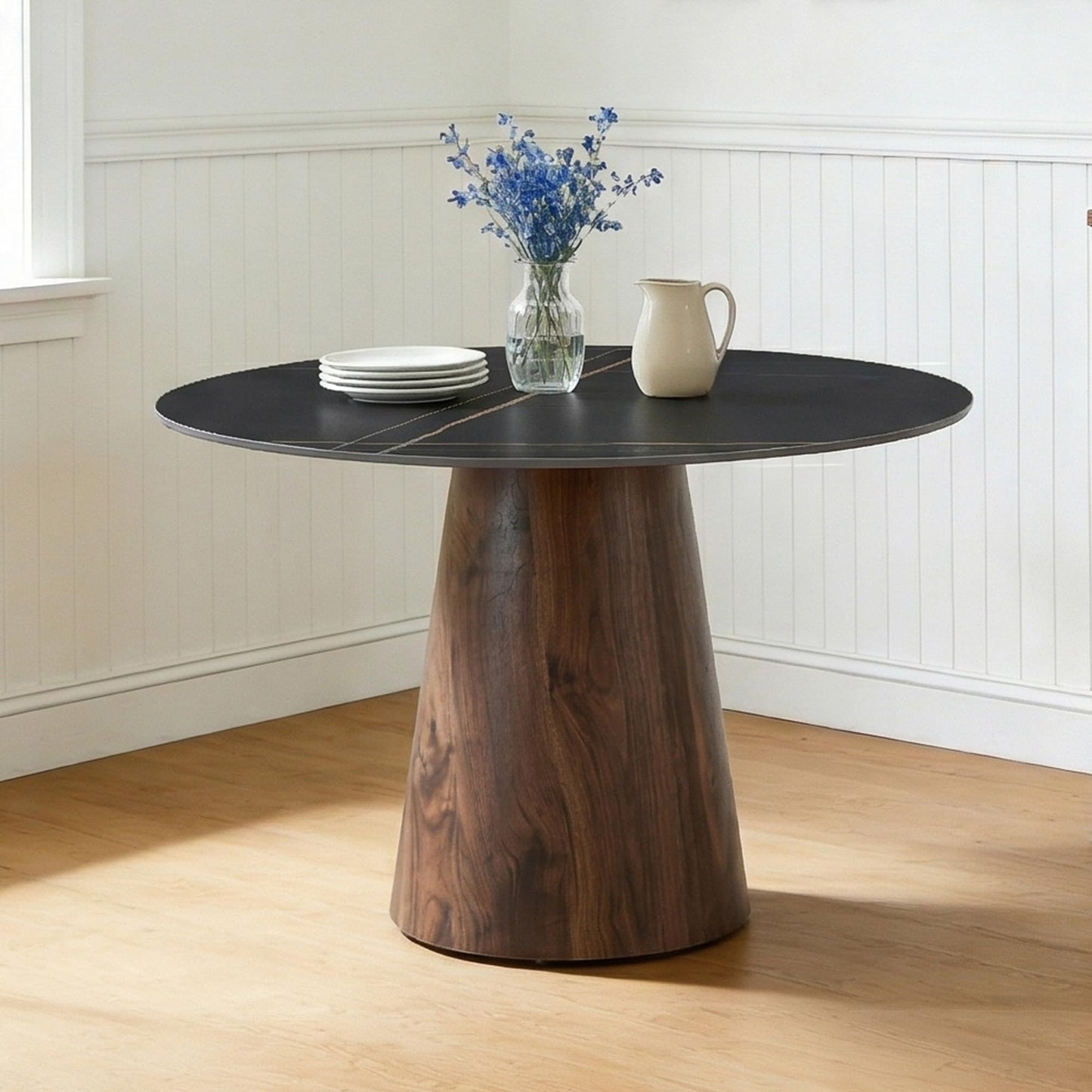 BAOPIN Round Dining Table for 4, 42 Inch Sintered Stone Dining Room Table, White and Black Small Kitchen Table with Stable Pedestal, Modern Marble Dining Table for Kitchen, Apartment, Restaurant
