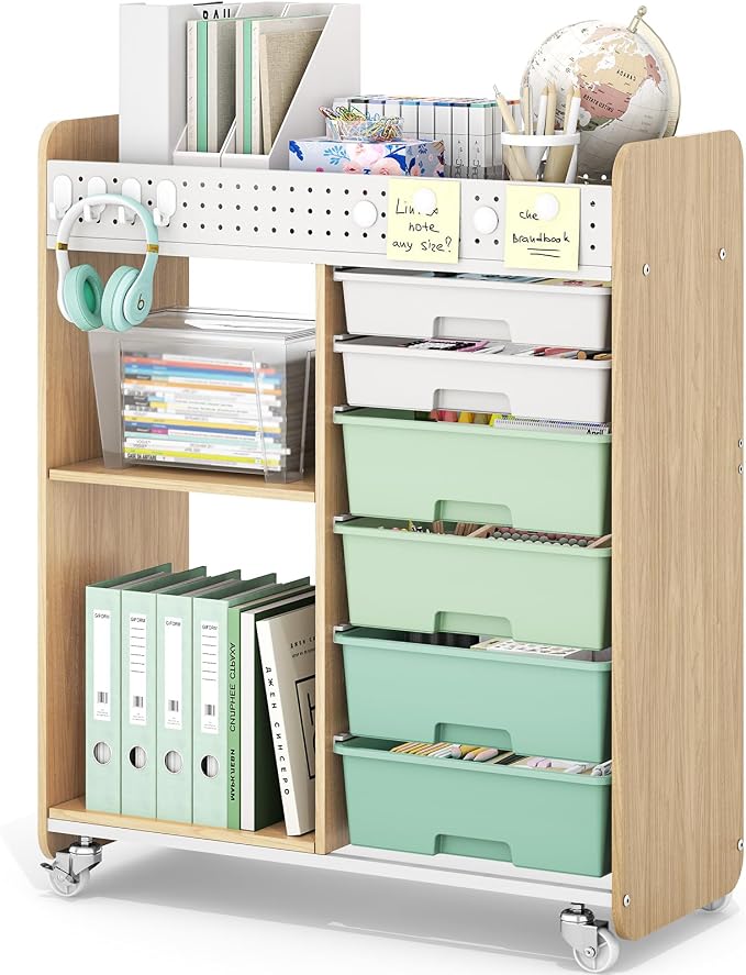 Rolling Storage Cart with Top Pegboard and 6 Drawers, Mobile Utility Cart on Wheels with Locking Brakes, Craft Organizer Lateral File Cabinet for Home, Office and Craft Room – Wood Frame(Green)