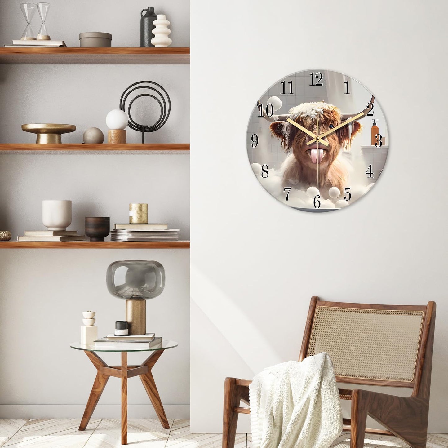 XNM 20 Inch Brown Large Wall Clocks for Living Room Decor Round Battery Clock Modern Farmhouse Highland Cow Wall Clock Silent