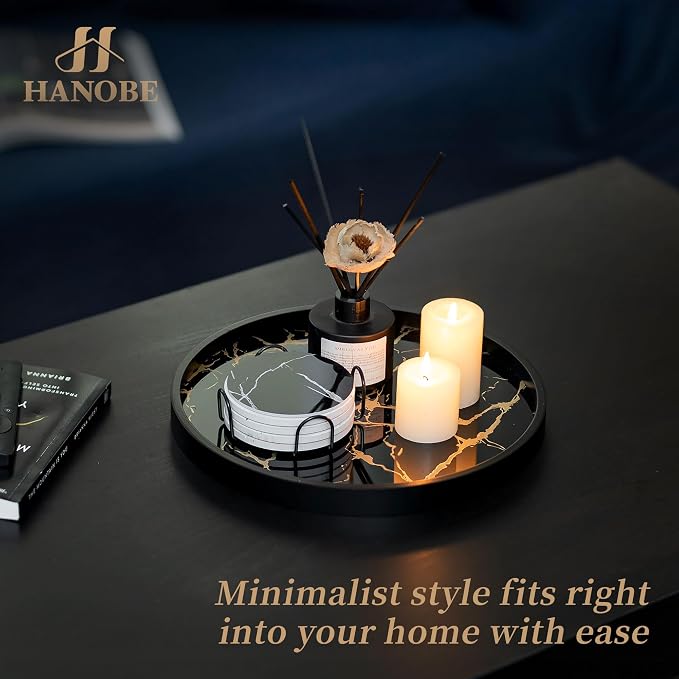 Hanobe Decorative Tray for Home Decor: Black Imitation Marble Round Serving Tray 11.8" Modern Coffee Table Centerpiece for Display Bar Table Living Room Entryway Kitchen Corner