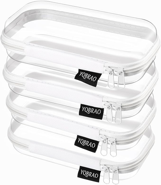YQBRAO 4-Pack Clear Hard Shell Zipper Case, 1.2mm Ultra-Thick Diaper Bag Organizer Pouches, Rigid Self-Standing Travel Makeup Bags with YKK Zippers, TSA Approved, White