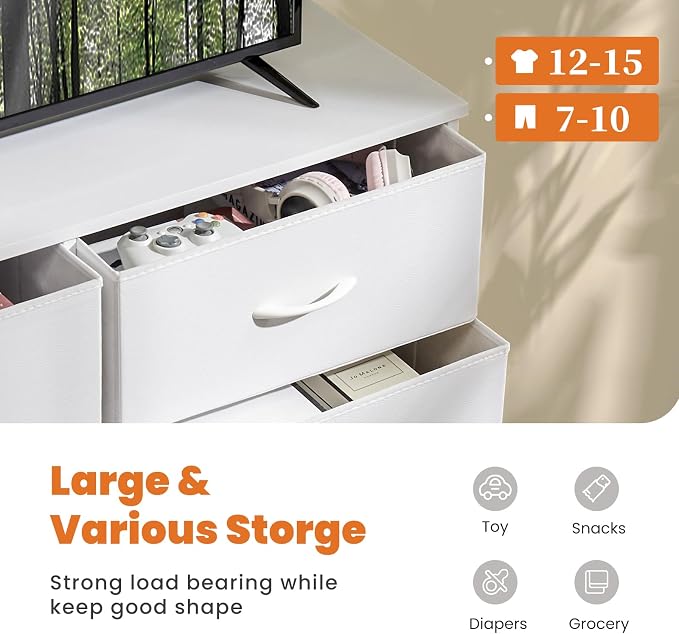 Sweetcrispy 7 Drawer Dresser Storage Organizer with Fabric Bins, Sturdy Steel Frame and Wood Top, Easy Pull Handles, for Bedroom Closet Hallway Entryway,White