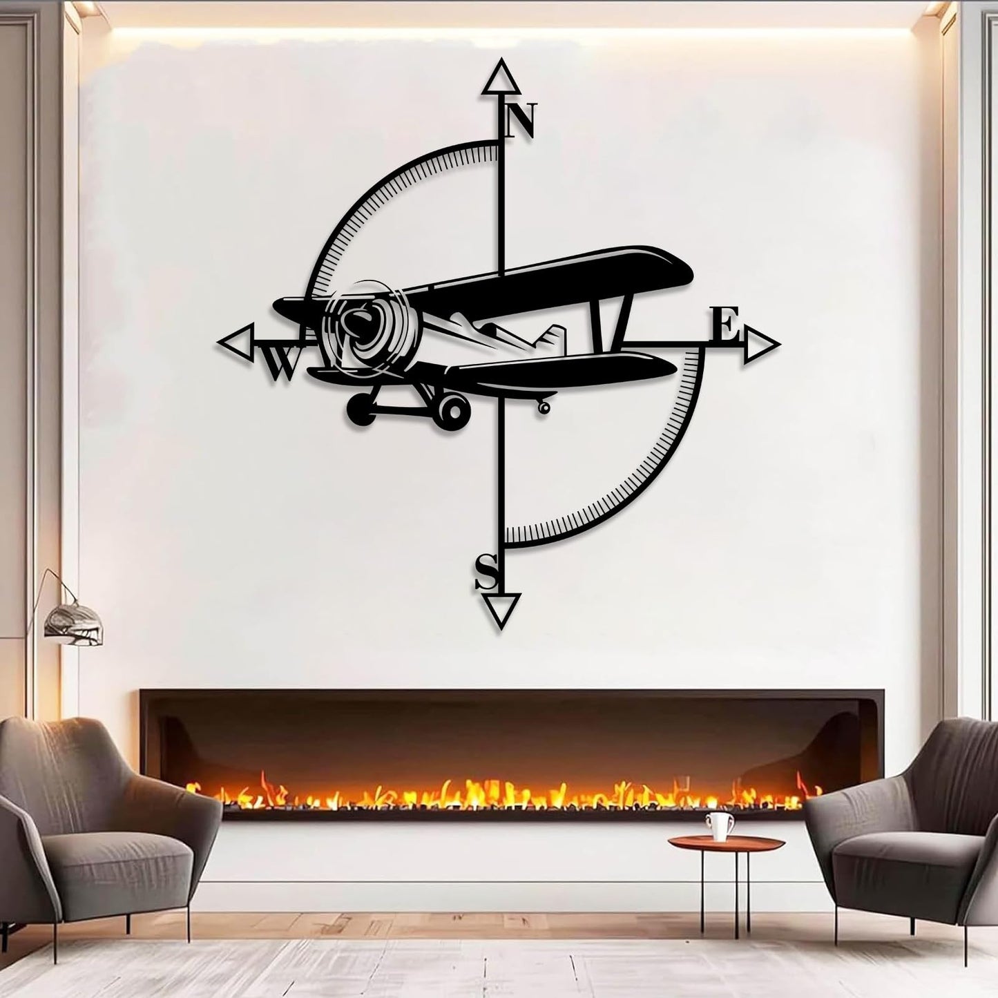 yumcake Metal Airplane Compass Wall Decor, Airplane Metal Wall Art, Aviation Themed Wall Decor for Living Room, Bedroom(Black,35" x 35" / 90 x 90 cm)