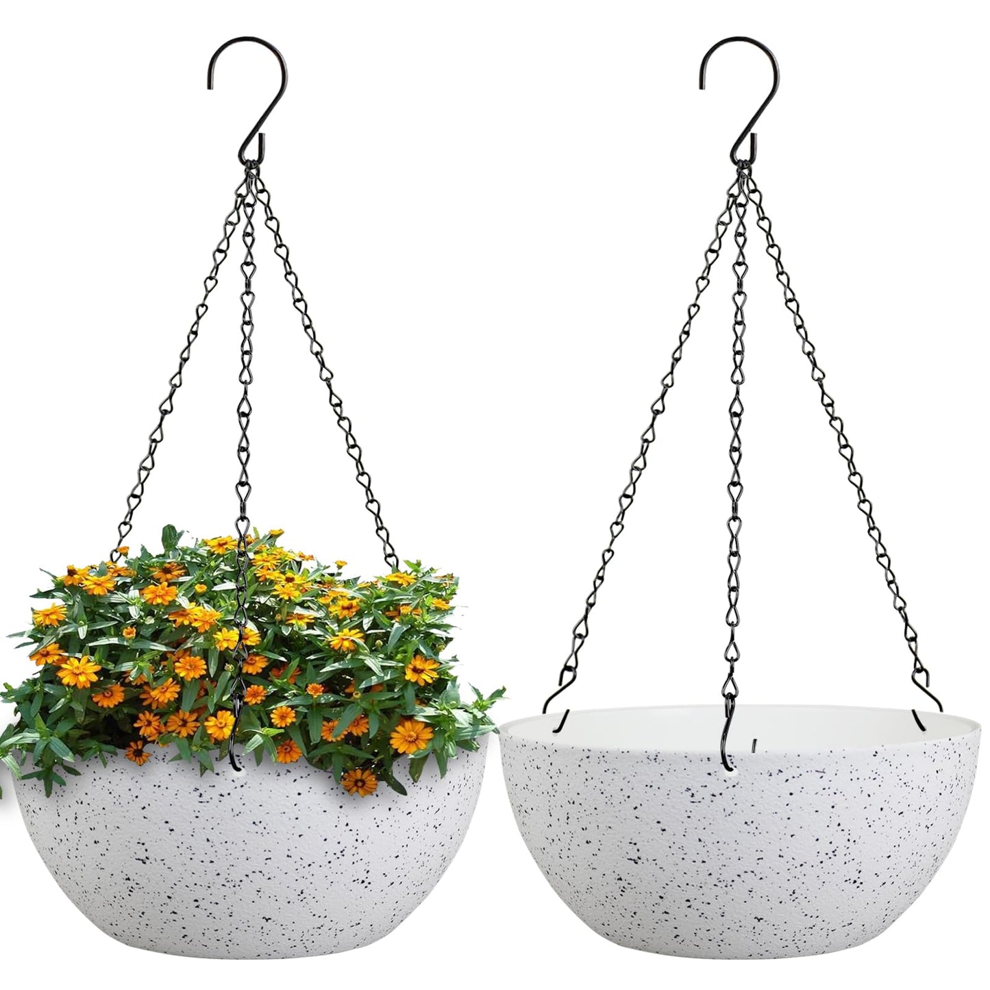 WSMKSZ 10 inch Hanging Planters for Outdoor Indoor Plants with Drainage Holes and Chain, 2 Pack Round Hanging Flower Plant Pots for Garden Home Porch Decor, Speckled White