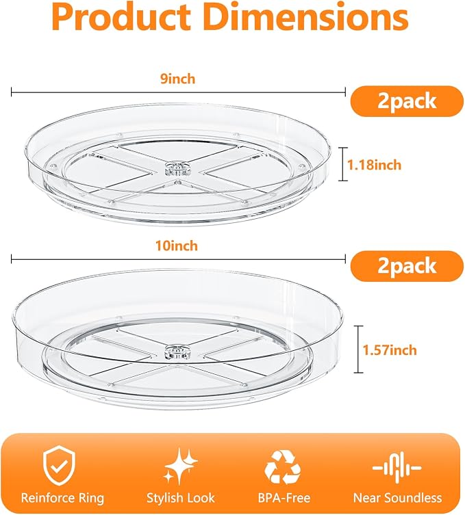 4 Pack Clear Lazy Susan, 9+10 Inch Turntable Organizer, Non-Skid Rotating Tray for Cabinet, Kitchen Pantry Organization and Storage, Acrylic Spinner for Refrigerator, Bathroom Vanity and Spice Rack