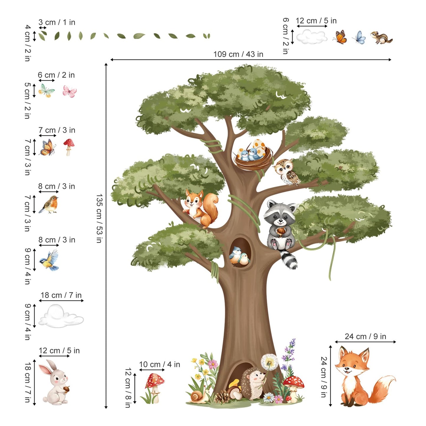 decalmile Woodland Animals Large Tree Wall Stickers Forest Animal Fox Rabbit Hedgehog Wall Decals Kids Room Baby Nursery Bedroom Wall Decor