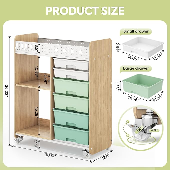 Rolling Storage Cart with Top Pegboard and 6 Drawers, Mobile Utility Cart on Wheels with Locking Brakes, Craft Organizer Lateral File Cabinet for Home, Office and Craft Room – Wood Frame(Green)