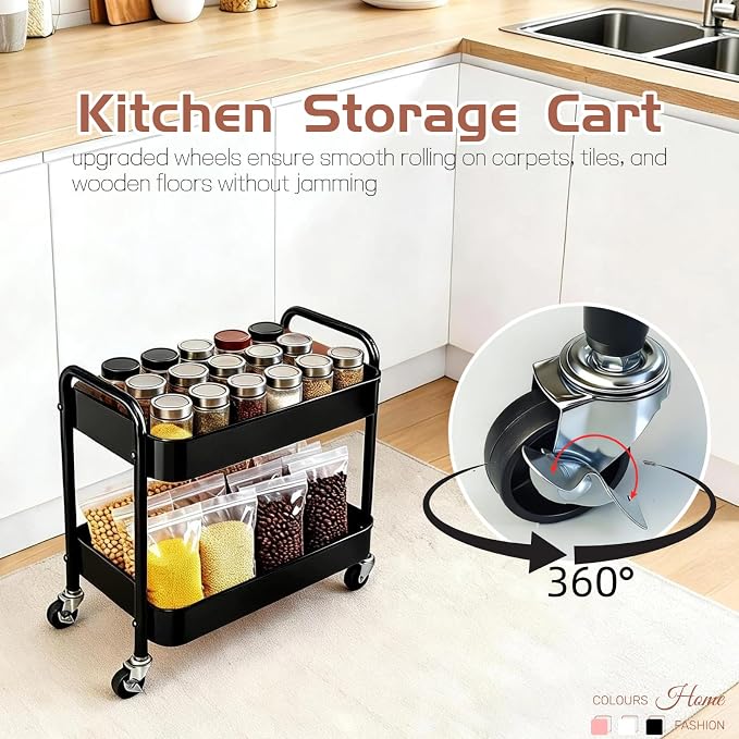 2 Pack Pantry Cart 2 Tier Small Rolling Cart with Wheels for Under Desk Storage, Short Rolling Utility Cart Large Basket Metal Kitchen Shelf with Mesh Laundry Room Organizer Side Table, Black