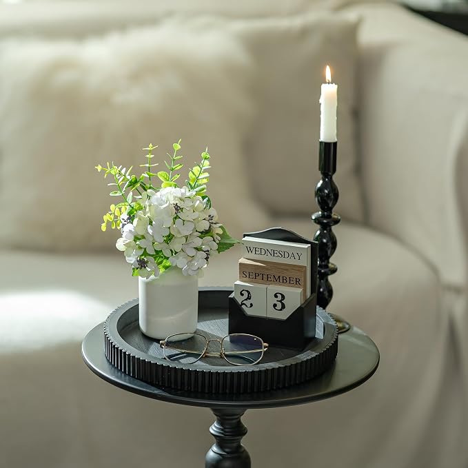 Hanobe Decorative Tray for Coffee Table: 12" Black Round Centerpiece Tray for Home Decor - Wood Modern Farmhouse Decor for Living Dining Room Kitchen Island Tabletop