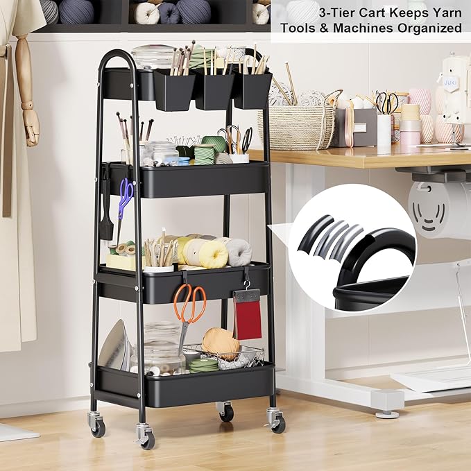 Black 4 Tier Rolling Cart Metal with Lockable Wheels, Four Tiered Tall Storage Rolling Cart on Wheels, Heavy Duty Utility Organizer Carts for Laundry, Kitchen, Dorm, Craft, Art, Snack,Mesh Basket,38in