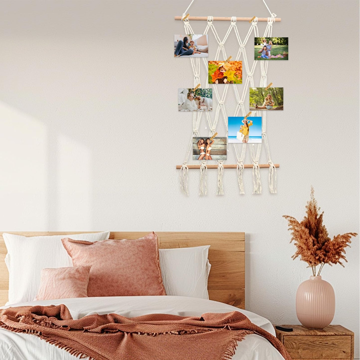 JONKASIPA Hanging Photo Display Wall Decor Macrame Wall Hanging Boho Collage Picture Frames Decor for Dorm Bedroom Living Room Teen Girl Gifts-B