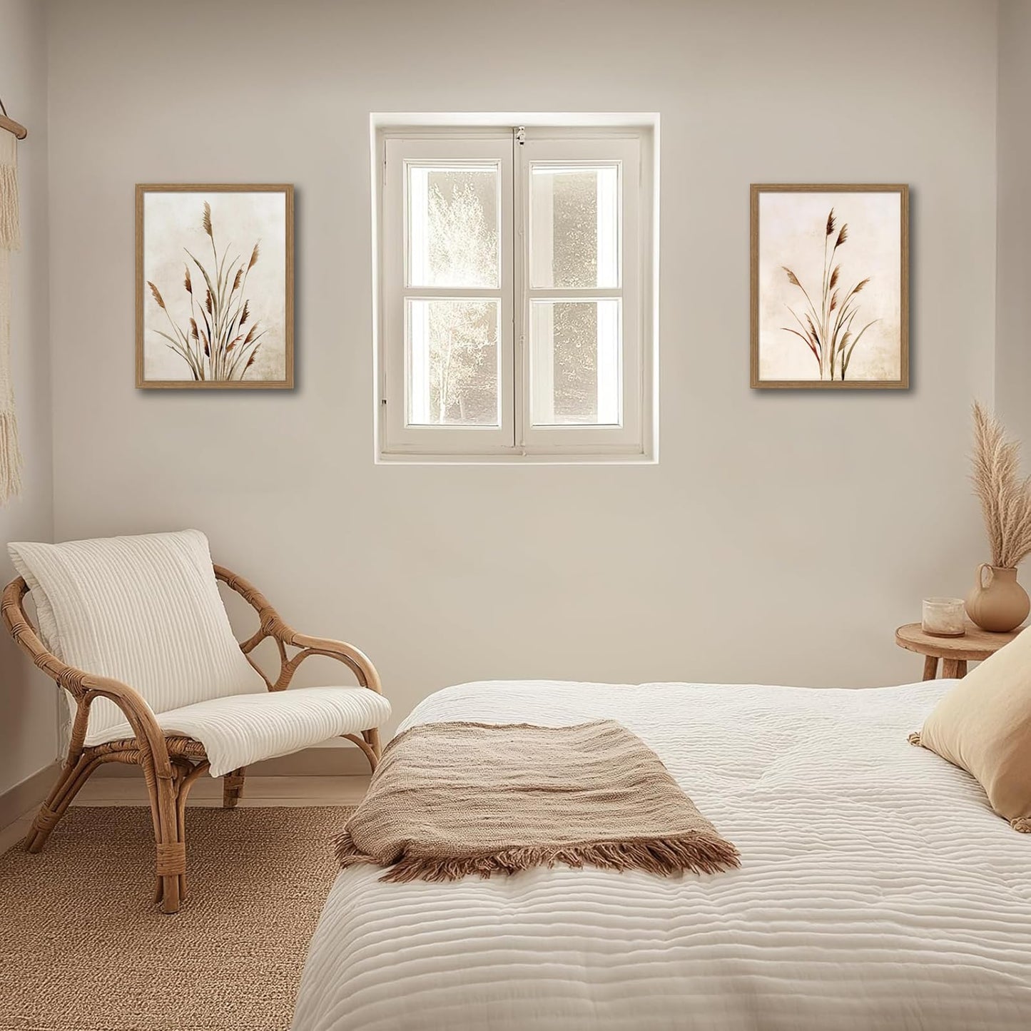 2pcs Framed Bohemian Reed Wall Art,Retro,Country-Style Natural Minimalist Botanical Canvas Painting Suitable For Living Rooms, Bedrooms, And 12 X 16In