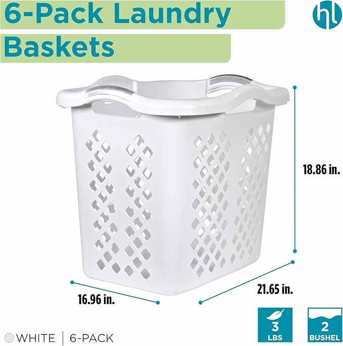 Home Logic 2 Bushel Plastic Laundry Basket Lamper, Large Laundry Hamper with Handles, Ventilated Clothes Organizer for Bedroom Bathroom Closet, 6 Pack, White