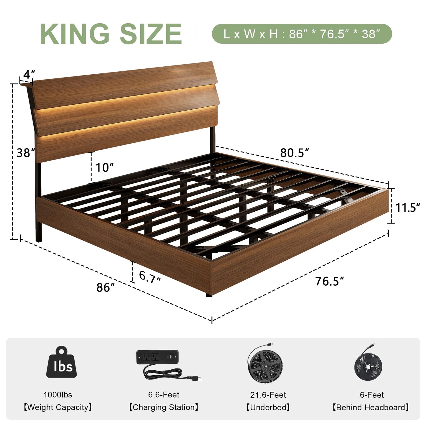 Feonase Floating Bed Frame King with Led Lights and Charging Station, Wood Full Size Bed Frame with Storage Headboard, Heavy Duty Metal Slats, No Box Spring Needed, Easy Assembly,Walnut
