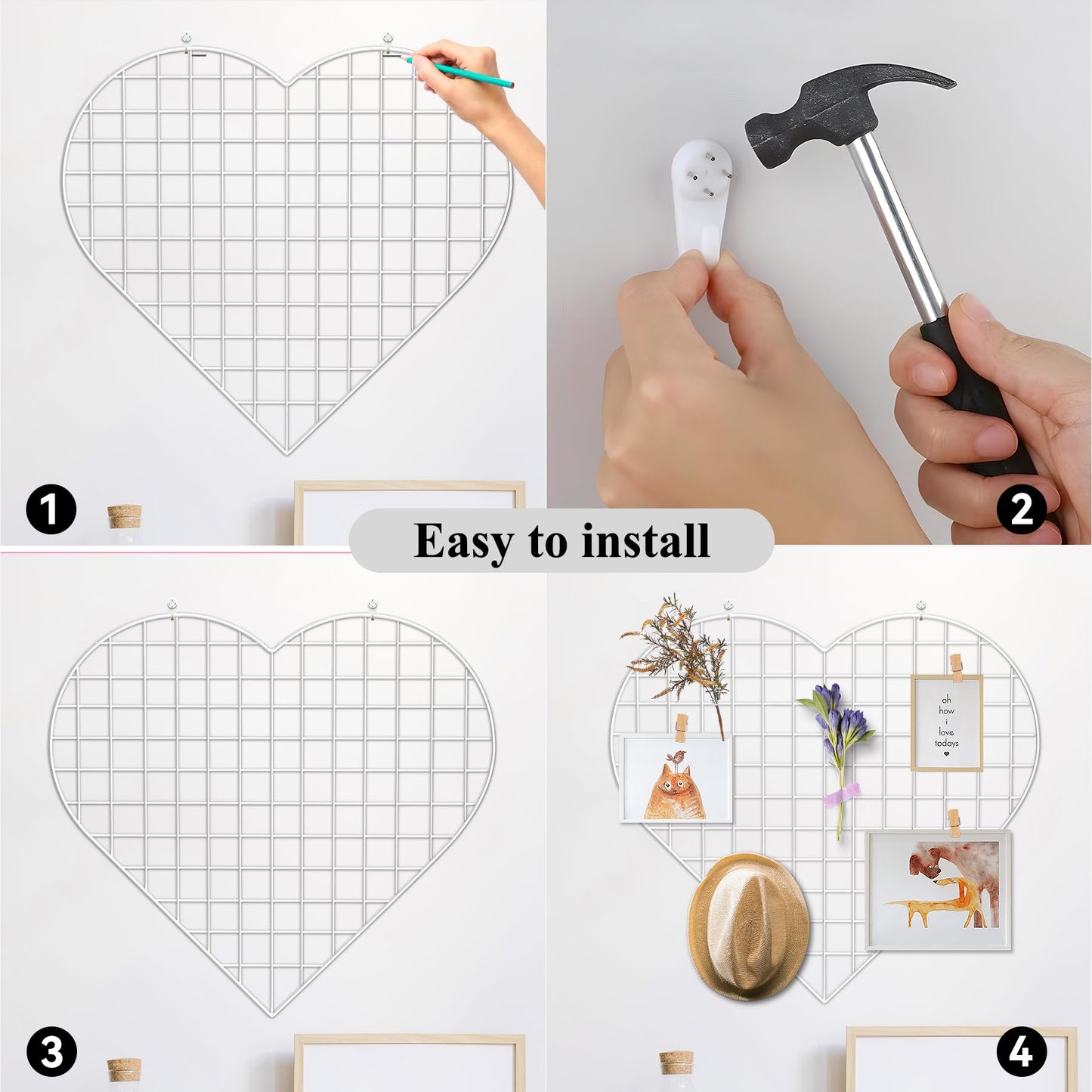 ECLENYES Grid Photo Wall Panels - 22.4"x20.4" Heart Shape Iron Rack Art Wire Board, Wall Grid Organizer, DIY Photo Frame for Home, Office, Kitchen, Bedroom, Christmas Gifts - White