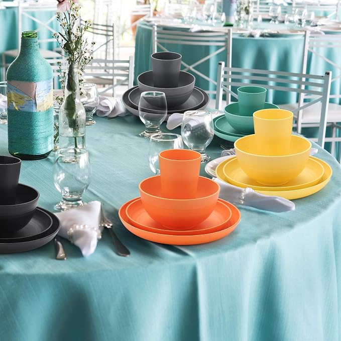 Wheat Straw Dinnerware Sets - SANLUNS 24 Piece Unbreakable Dinnerware Sets, Reusable Wheat Straw Plates and Bowls Sets, Travel Camping Cutlery Set, Dishwasher Microwave Safe Dinnerware Colourful
