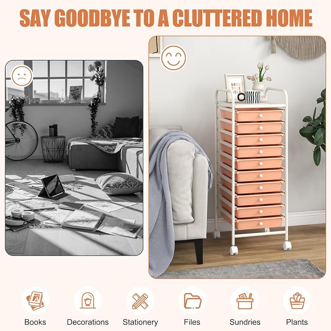 COSTWAY 10-Drawer Rolling Storage Cart, Utility Mobile Trolley with Removable Drawers & Universal Casters & 2 Brakes, Versatile Flexible Drawer Organizer Cart for Home, Office, Peach
