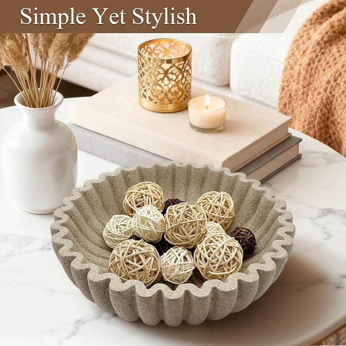 Large Modern Ruffle Bowls,Sandstone Decorative Catch All Bowl for Kitchen Counter and Entryway Table, Handcrafted Fruit Bowls and Key Bowl for Home Decor