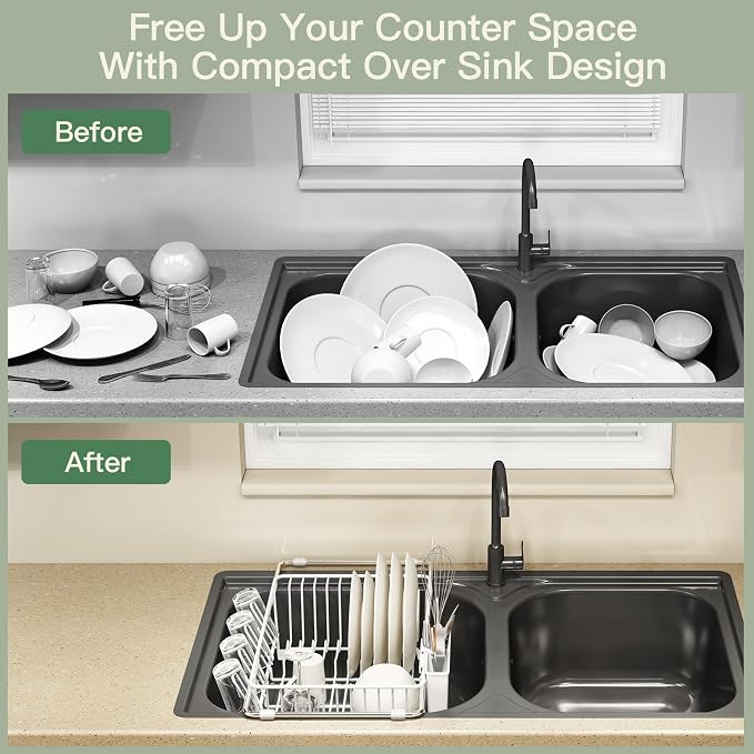 MAJALiS White Dish Drying Rack Over The Sink with Utensil Holder | Expandable Stainless Steel Dish Drainer for Small Kitchen, Apartment, RV, Counter Space Saving, Perfect Fit, Rustproof